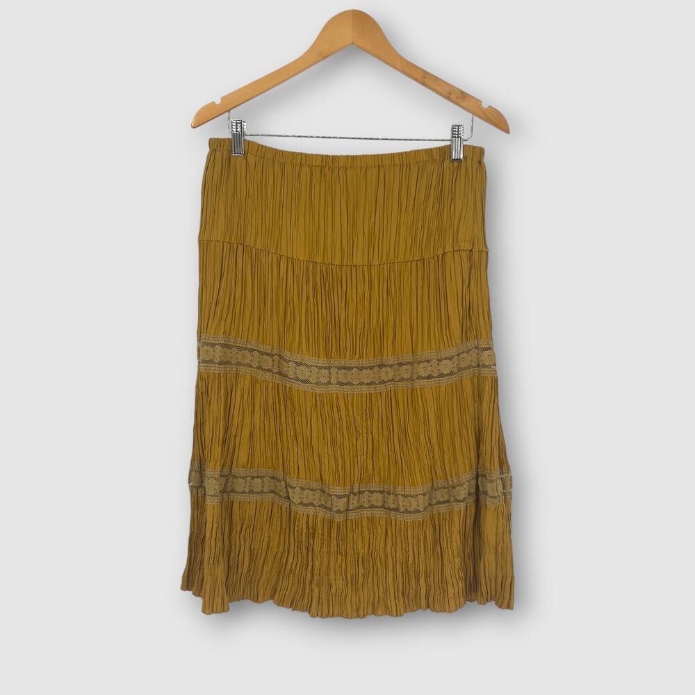 Vintage Selene Sport Mustard Crinkle Boho Skirt Lace Trim Women’s Size M